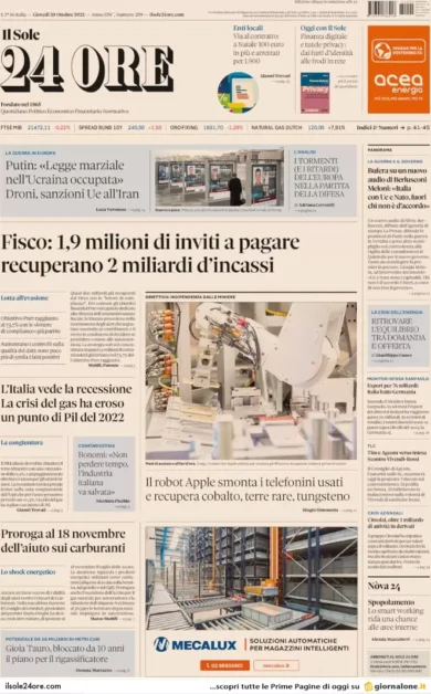 Prime pagine giornali economici 20 ottobre. Fisco, partite 1,9 mln di cartelle