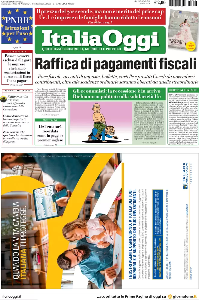 Prime pagine giornali economici 20 ottobre. Fisco, partite 1,9 mln di cartelle