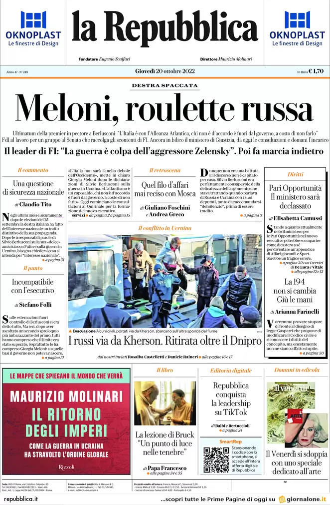 Prime pagine giornali 20 ottobre 2022. Nordio: “Legge Severino non si tocca”