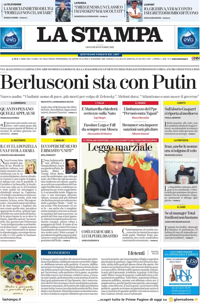 Prime pagine giornali 20 ottobre 2022. Nordio: “Legge Severino non si tocca”