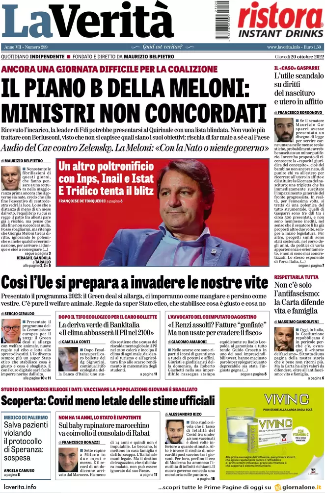 Prime pagine giornali 20 ottobre 2022. Nordio: “Legge Severino non si tocca”
