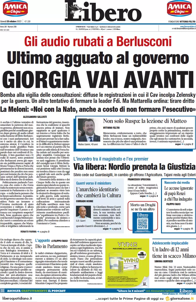 Prime pagine giornali 20 ottobre 2022. Nordio: “Legge Severino non si tocca”