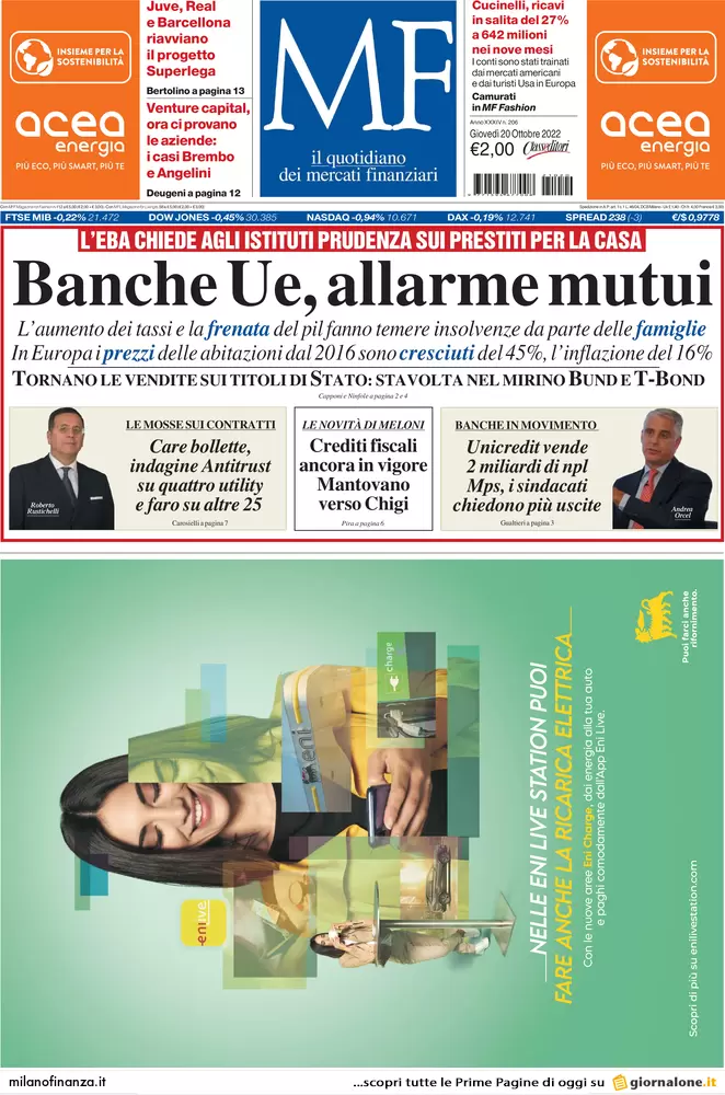 Prime pagine giornali economici 20 ottobre. Fisco, partite 1,9 mln di cartelle