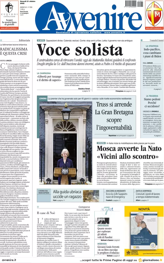 Prime pagine giornali 21 ottobre 2022. Meloni impone il governo agli alleati