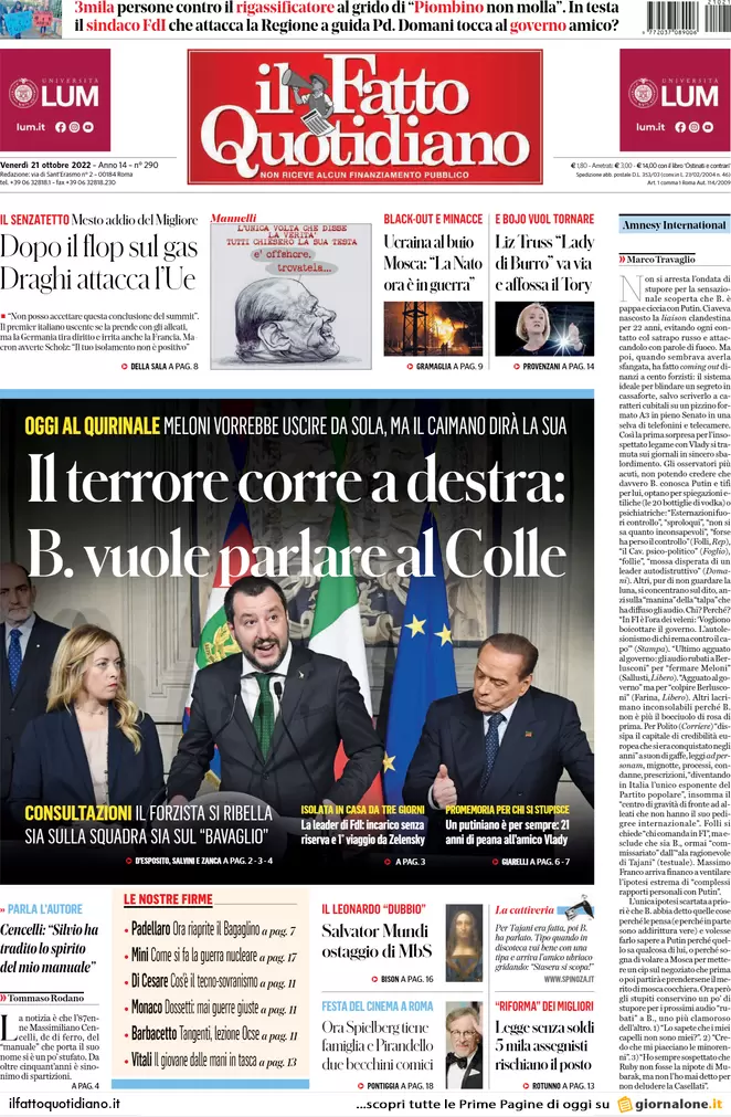 Prime pagine giornali 21 ottobre 2022. Meloni impone il governo agli alleati
