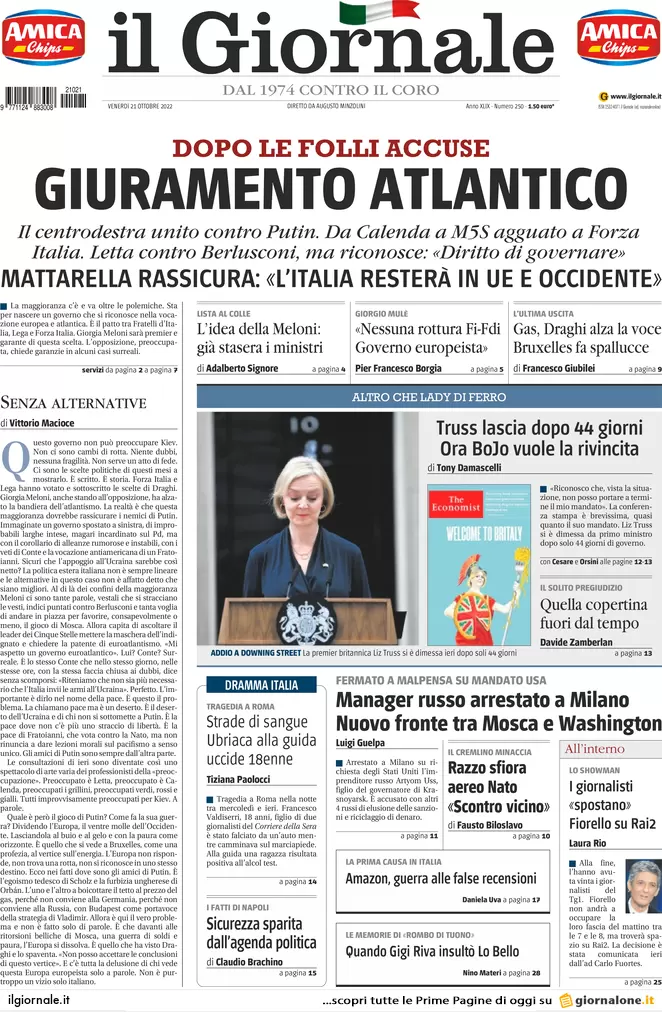 Prime pagine giornali 21 ottobre 2022. Meloni impone il governo agli alleati