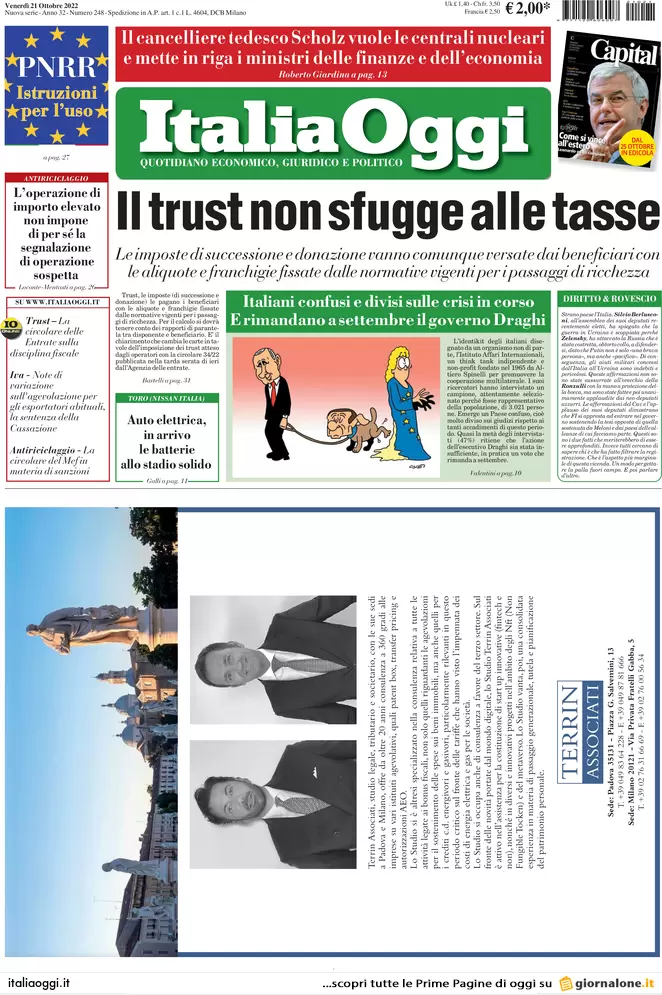 Prime pagine giornali economici 21 ottobre. Inflazione, arriva il Btp Italia