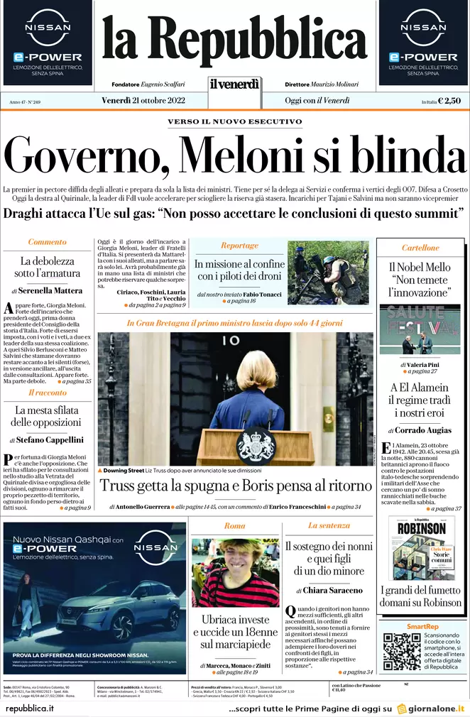 Prime pagine giornali 21 ottobre 2022. Meloni impone il governo agli alleati