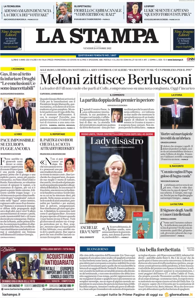 Prime pagine giornali 21 ottobre 2022. Meloni impone il governo agli alleati