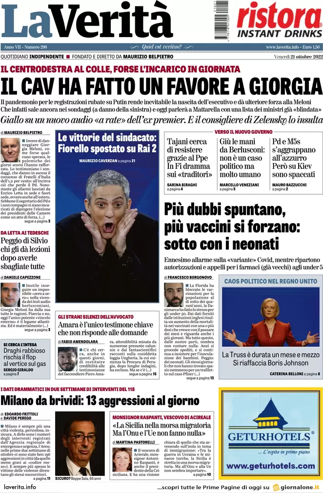 Prime pagine giornali 21 ottobre 2022. Meloni impone il governo agli alleati