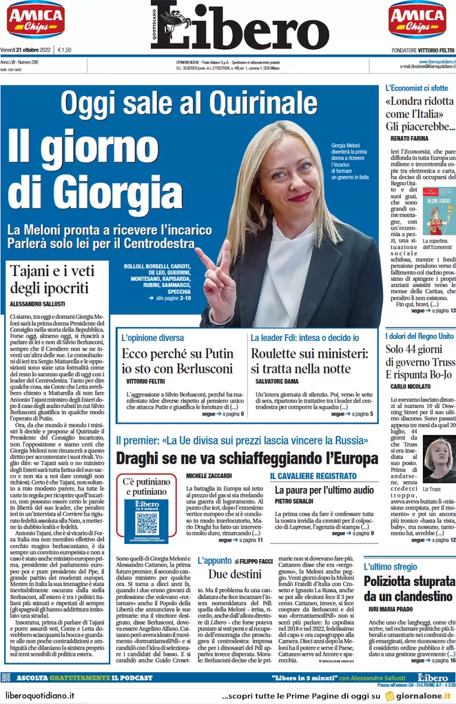 Prime pagine giornali 21 ottobre 2022. Meloni impone il governo agli alleati