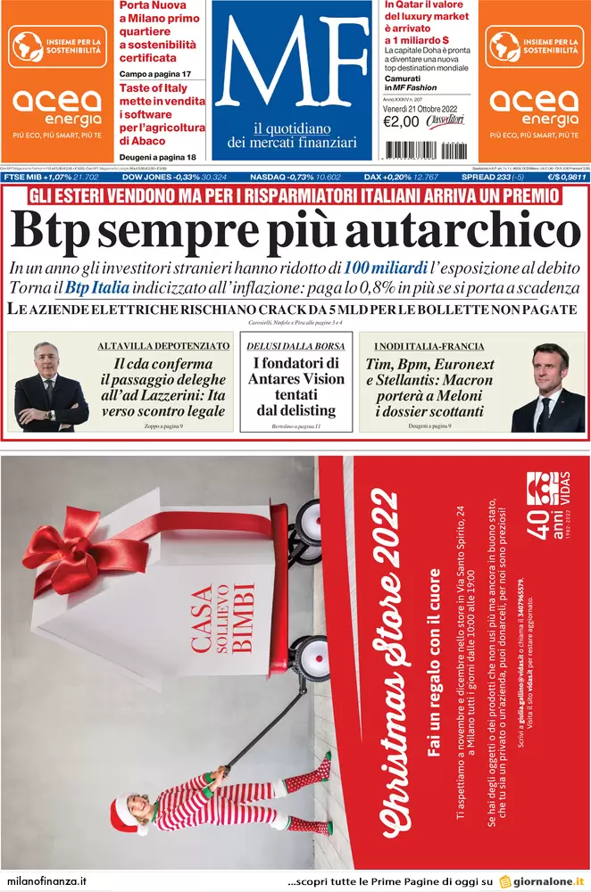 Prime pagine giornali economici 21 ottobre. Inflazione, arriva il Btp Italia