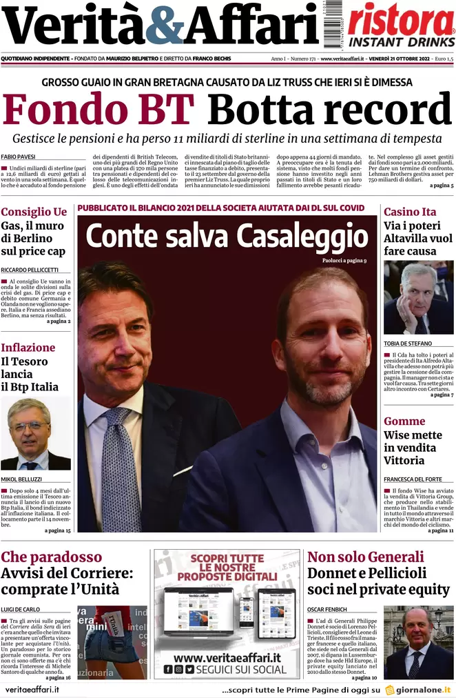 Prime pagine giornali economici 21 ottobre. Inflazione, arriva il Btp Italia