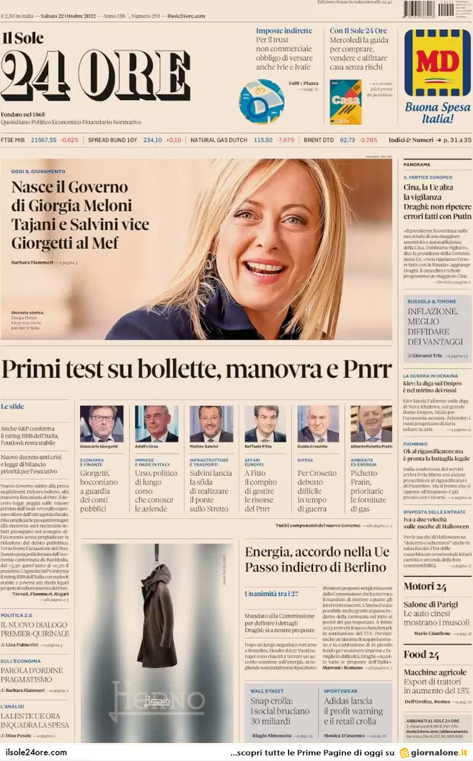 Prime pagine giornali 22 ottobre 2022. Giorgia, una donna sola al comando