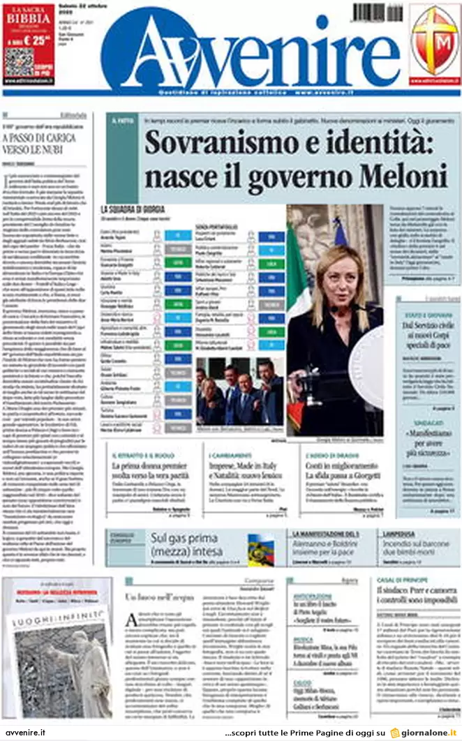 Prime pagine giornali 22 ottobre 2022. Giorgia, una donna sola al comando