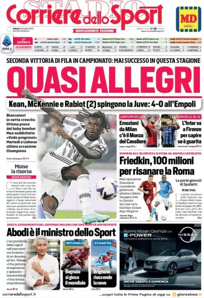 Prime pagine giornali 22 ottobre 2022. Giorgia, una donna sola al comando