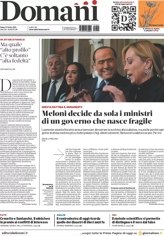 Prime pagine giornali 22 ottobre 2022. Giorgia, una donna sola al comando