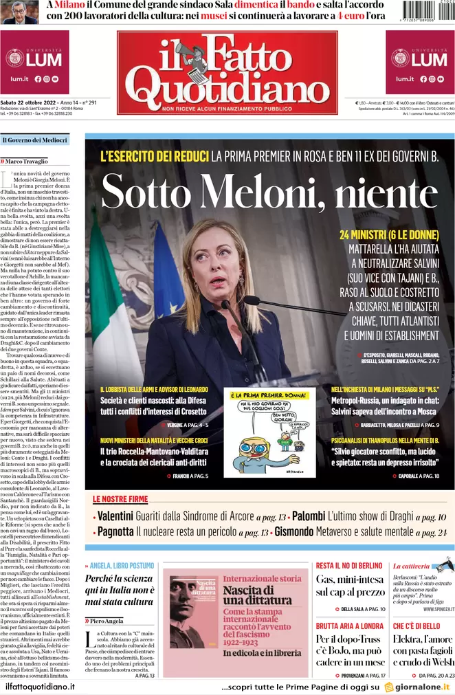 Prime pagine giornali 22 ottobre 2022. Giorgia, una donna sola al comando