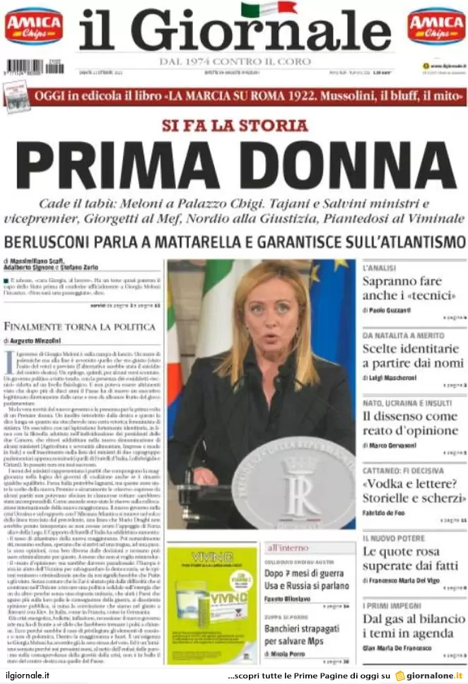 Prime pagine giornali 22 ottobre 2022. Giorgia, una donna sola al comando
