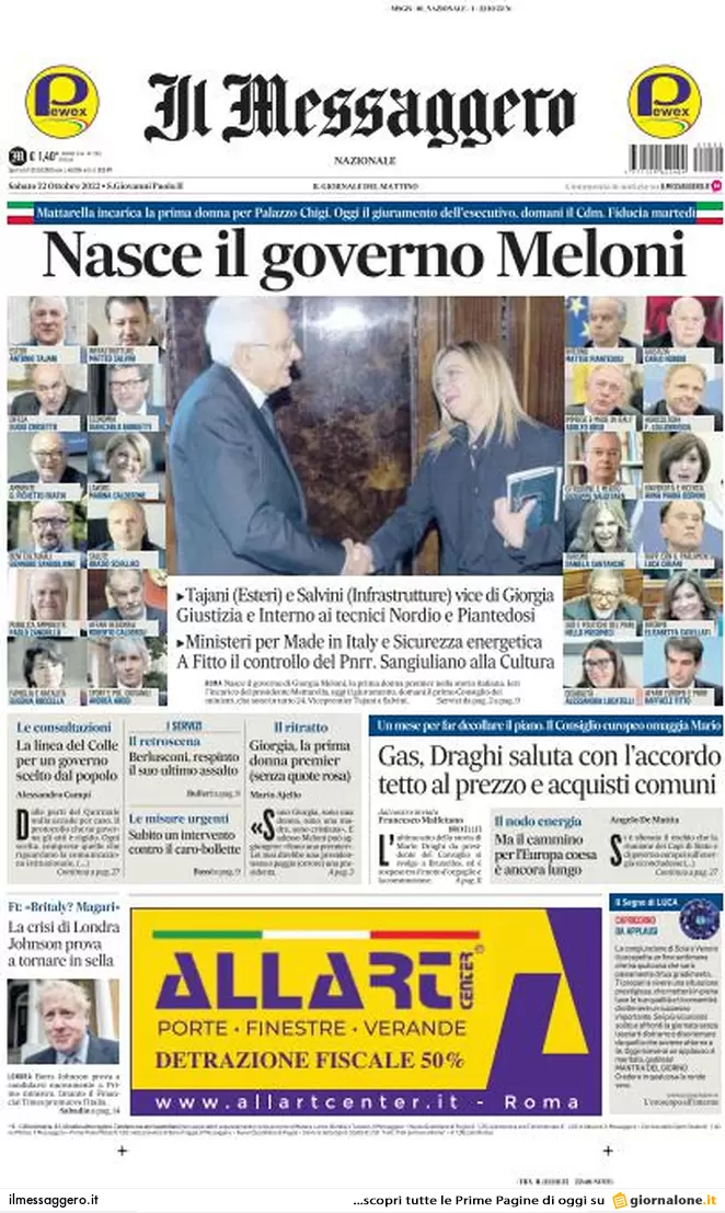 Prime pagine giornali 22 ottobre 2022. Giorgia, una donna sola al comando