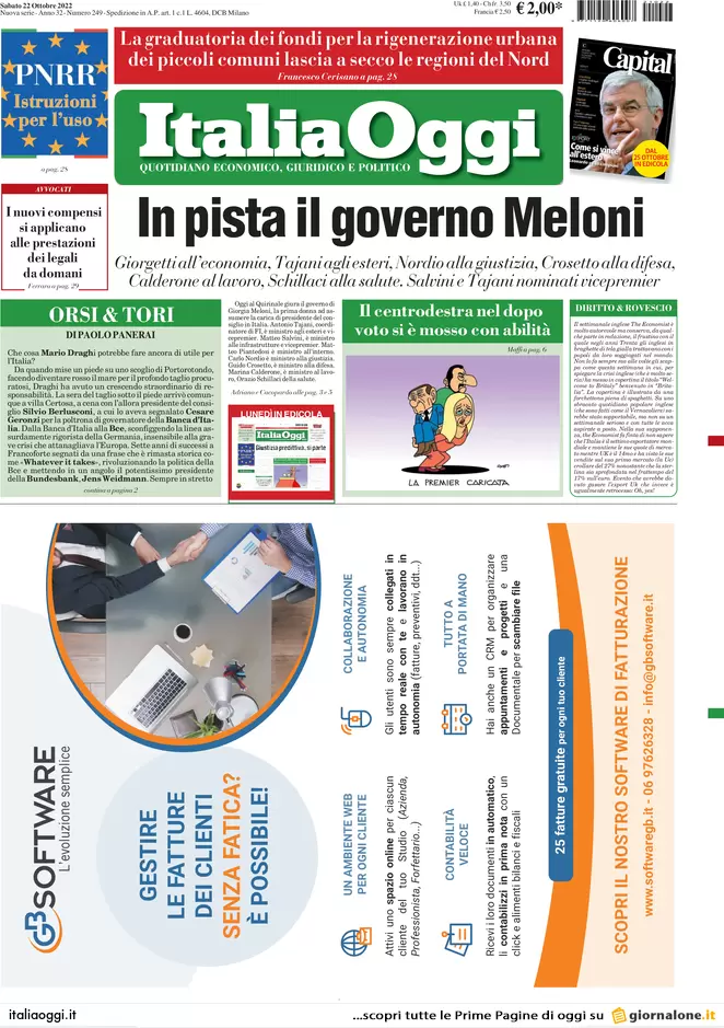Prime pagine giornali economici 22 ottobre. I primi test: bollette e manovra