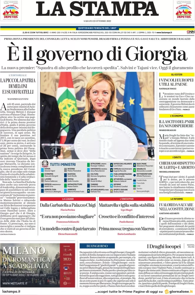 Prime pagine giornali 22 ottobre 2022. Giorgia, una donna sola al comando