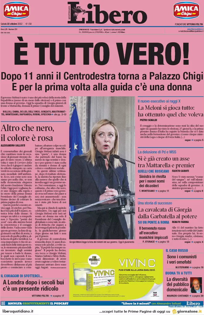 Prime pagine giornali 22 ottobre 2022. Giorgia, una donna sola al comando
