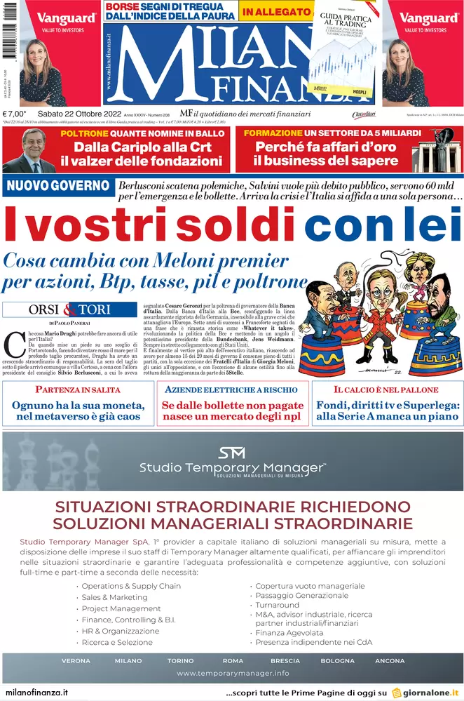 Prime pagine giornali economici 22 ottobre. I primi test: bollette e manovra