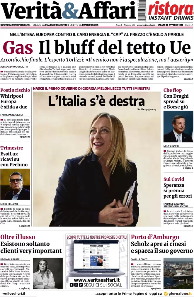 Prime pagine giornali economici 22 ottobre. I primi test: bollette e manovra