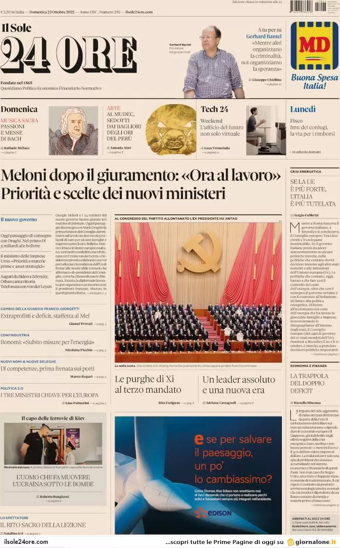 Prime pagine giornali 23 ottobre 2022. Governo Meloni, esordio europeista