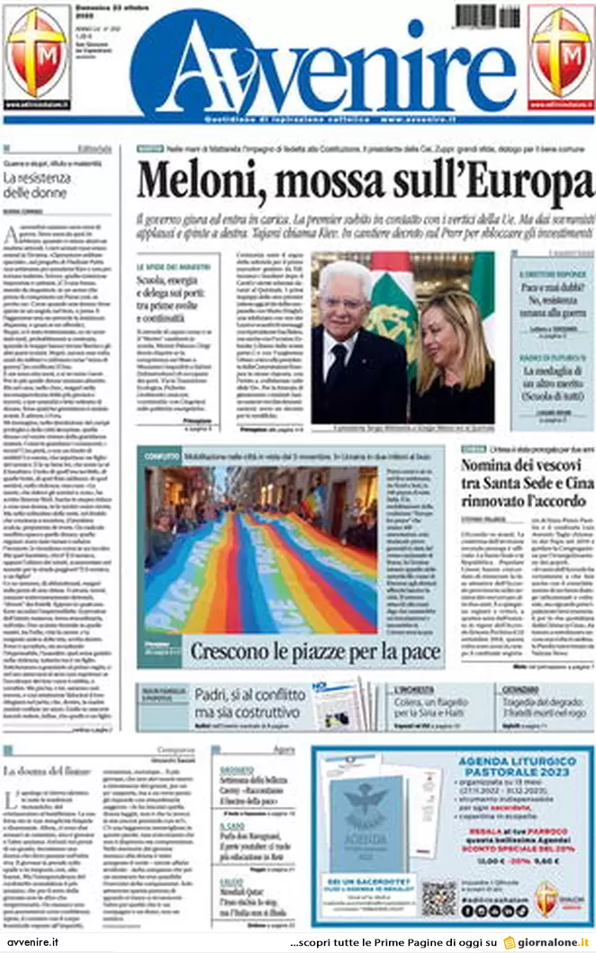 Prime pagine giornali 23 ottobre 2022. Governo Meloni, esordio europeista