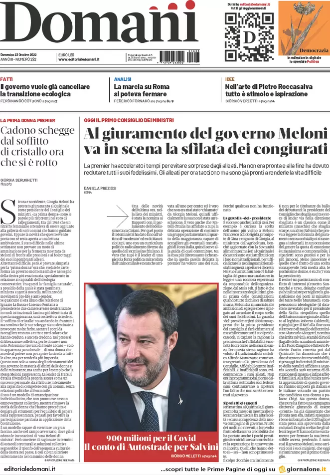 Prime pagine giornali 23 ottobre 2022. Governo Meloni, esordio europeista