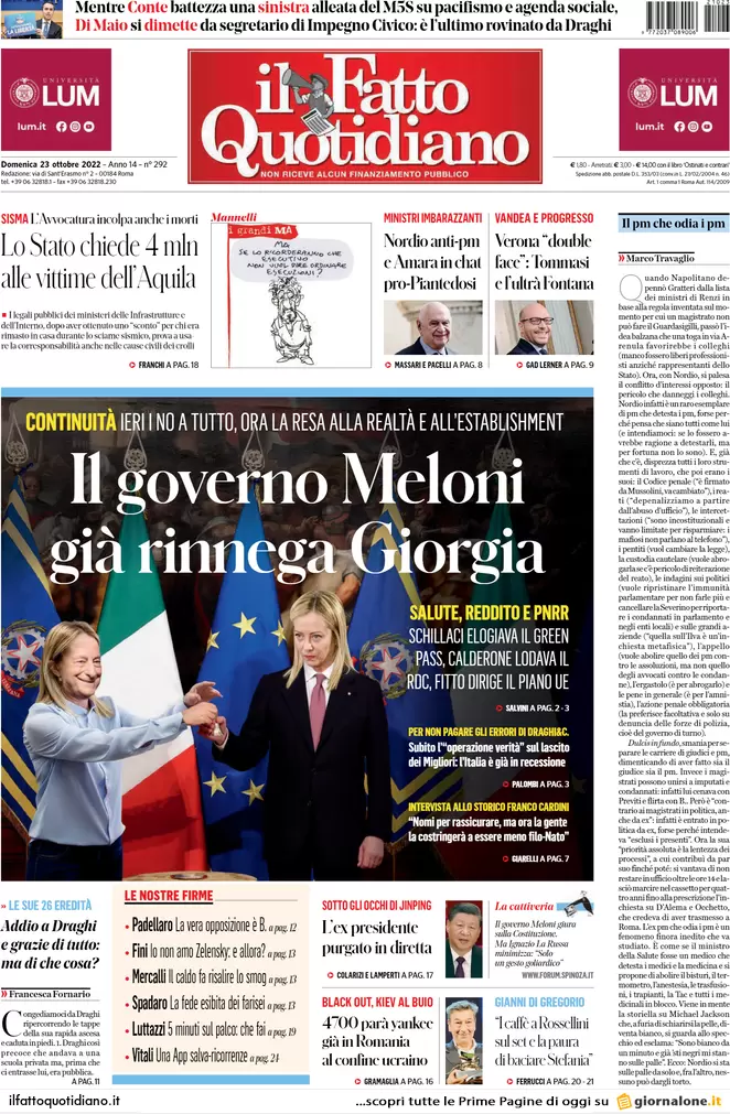 Prime pagine giornali 23 ottobre 2022. Governo Meloni, esordio europeista
