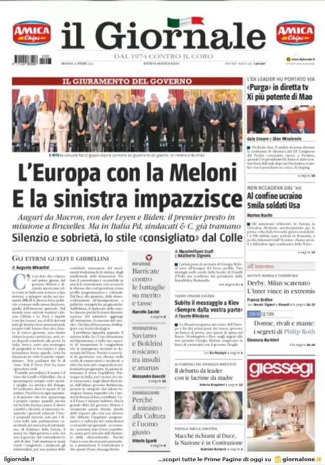 Prime pagine giornali 23 ottobre 2022. Governo Meloni, esordio europeista