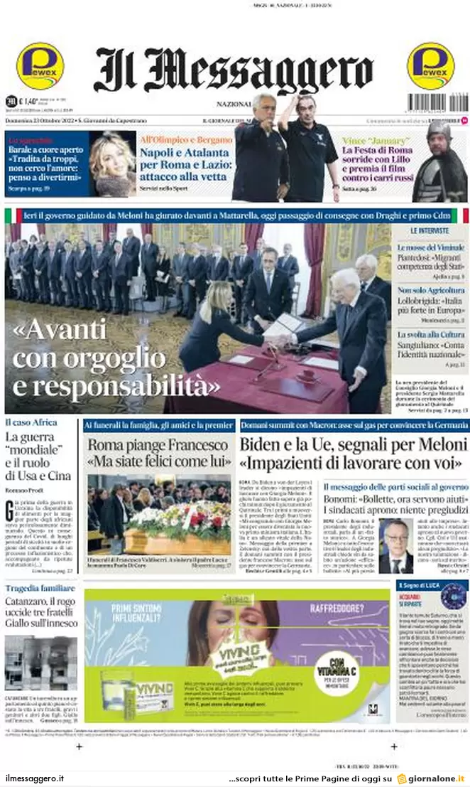 Prime pagine giornali 23 ottobre 2022. Governo Meloni, esordio europeista