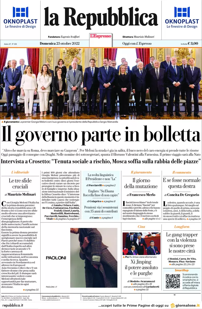 Prime pagine giornali 23 ottobre 2022. Governo Meloni, esordio europeista