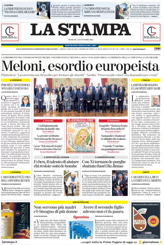 Prime pagine giornali 23 ottobre 2022. Governo Meloni, esordio europeista