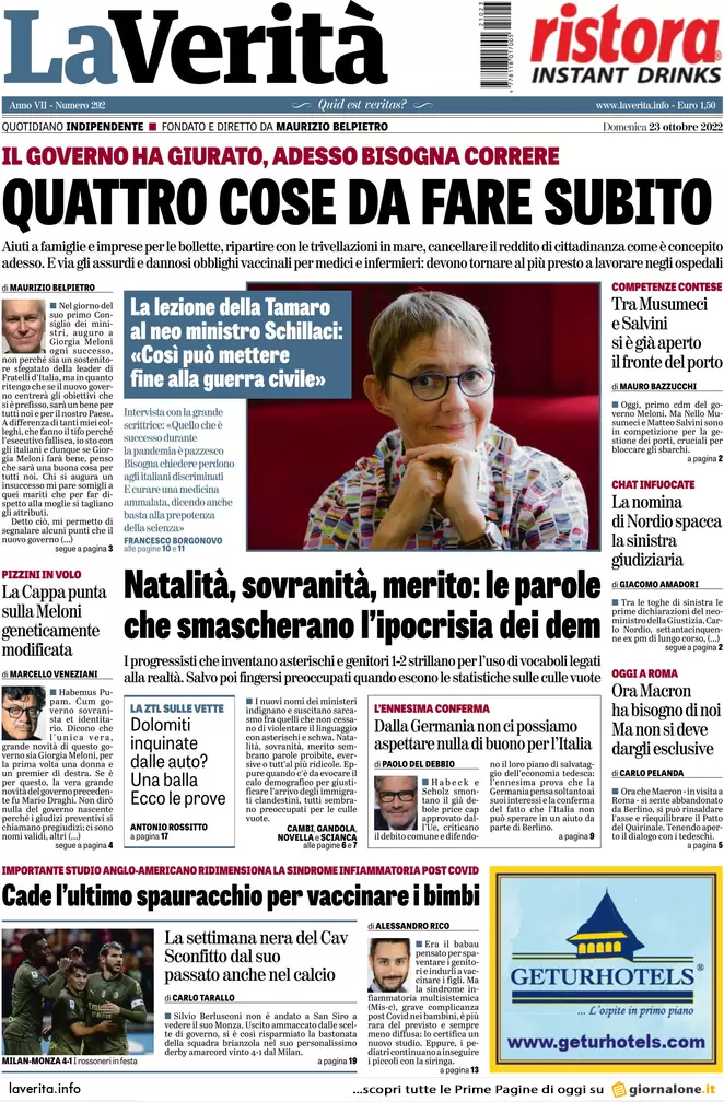 Prime pagine giornali 23 ottobre 2022. Governo Meloni, esordio europeista