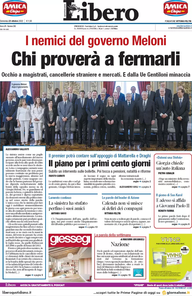 Prime pagine giornali 23 ottobre 2022. Governo Meloni, esordio europeista