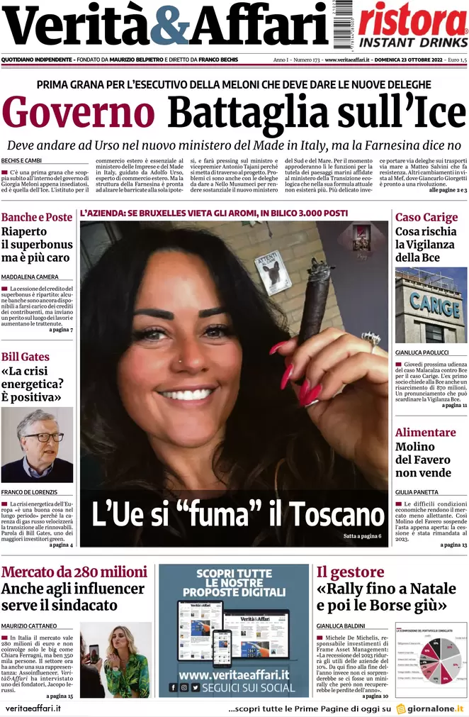 Prime pagine giornali economici 23 ottobre. Governo, subito battaglia sull’Ice