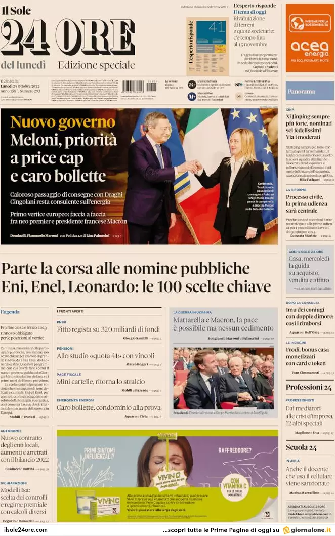 Prime pagine giornali 24 ottobre 2022. Germania: “Basta carri armati a Kiev”