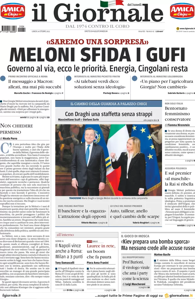 Prime pagine giornali 24 ottobre 2022. Germania: “Basta carri armati a Kiev”