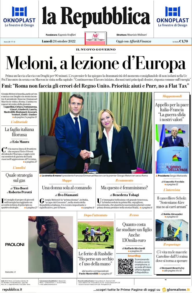 Prime pagine giornali 24 ottobre 2022. Germania: “Basta carri armati a Kiev”