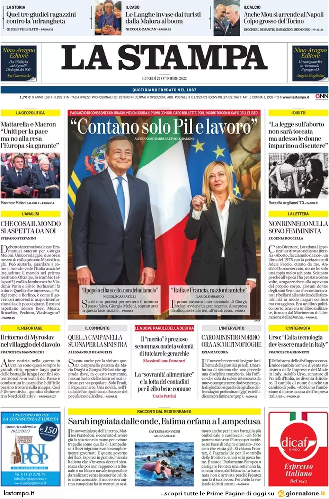 Prime pagine giornali 24 ottobre 2022. Germania: “Basta carri armati a Kiev”