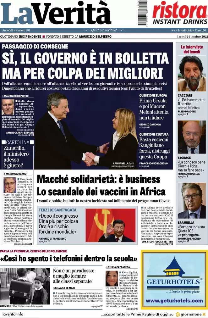 Prime pagine giornali 24 ottobre 2022. Germania: “Basta carri armati a Kiev”