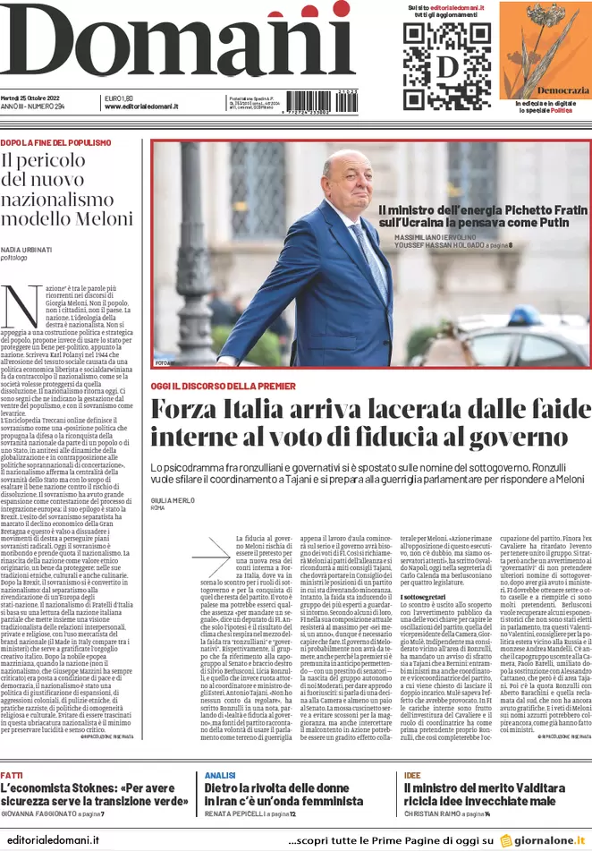 Prime pagine giornali 25 ottobre 2022. Lavoratori stranieri, fuga dall’Italia