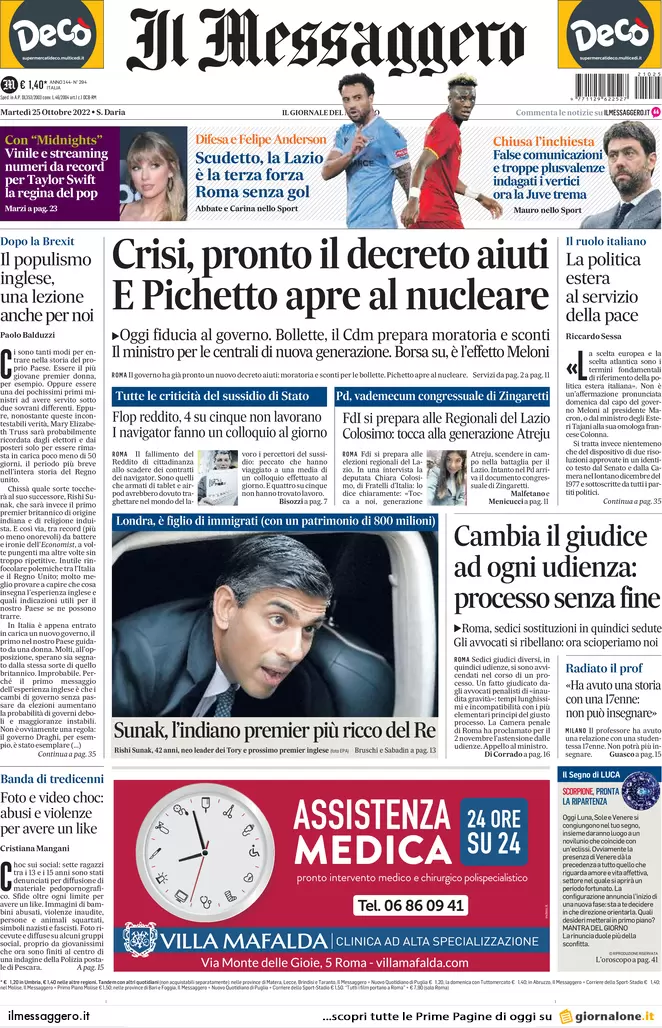 Prime pagine giornali 25 ottobre 2022. Lavoratori stranieri, fuga dall’Italia