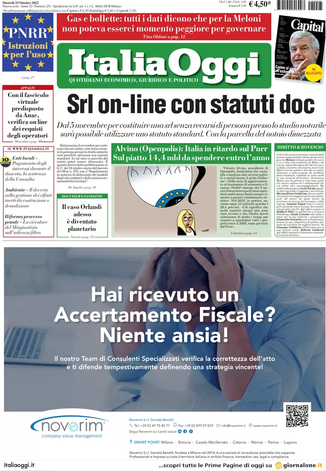 Prime pagine giornali economici 25 ottobre. Prezzo del gas sceso a 99 euro