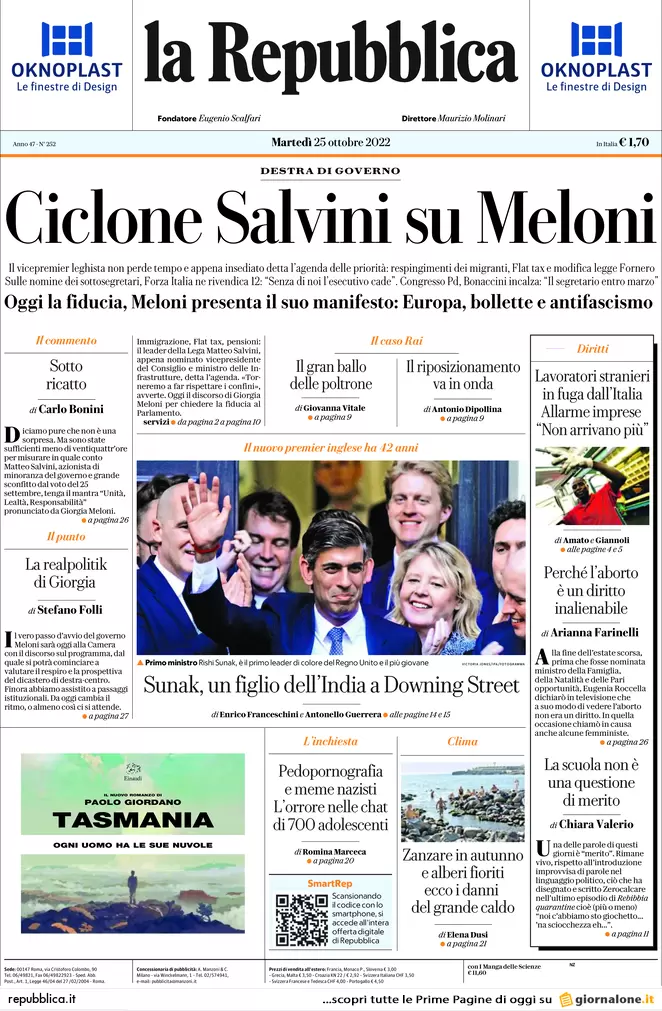 Prime pagine giornali 25 ottobre 2022. Lavoratori stranieri, fuga dall’Italia
