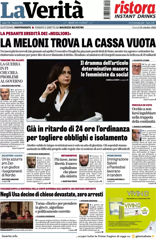 Prime pagine giornali 25 ottobre 2022. Lavoratori stranieri, fuga dall’Italia